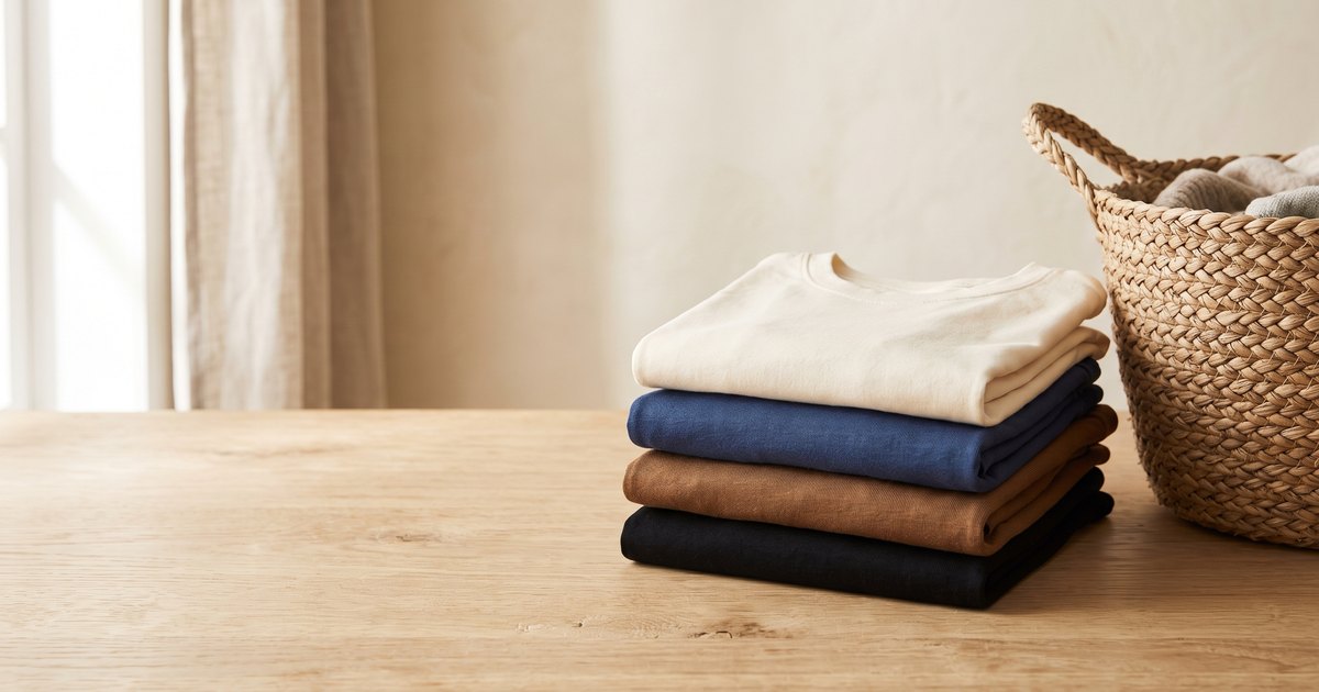 Blusas infantis dobradas em marfim, índigo, marrom e preto empilhadas sobre mesa de madeira clara, ao lado de um cesto de palha