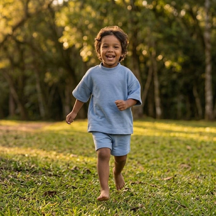 Criança vestindo o Conjunto Oversize Banim, cor Azul Serenity